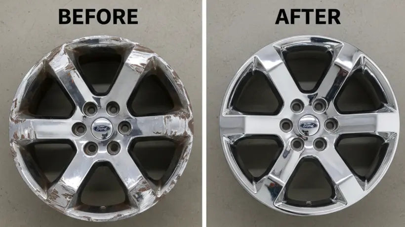 Ford F-Series Bright Chrome PVD OEM wheel refinished by The Wheel Exchange.