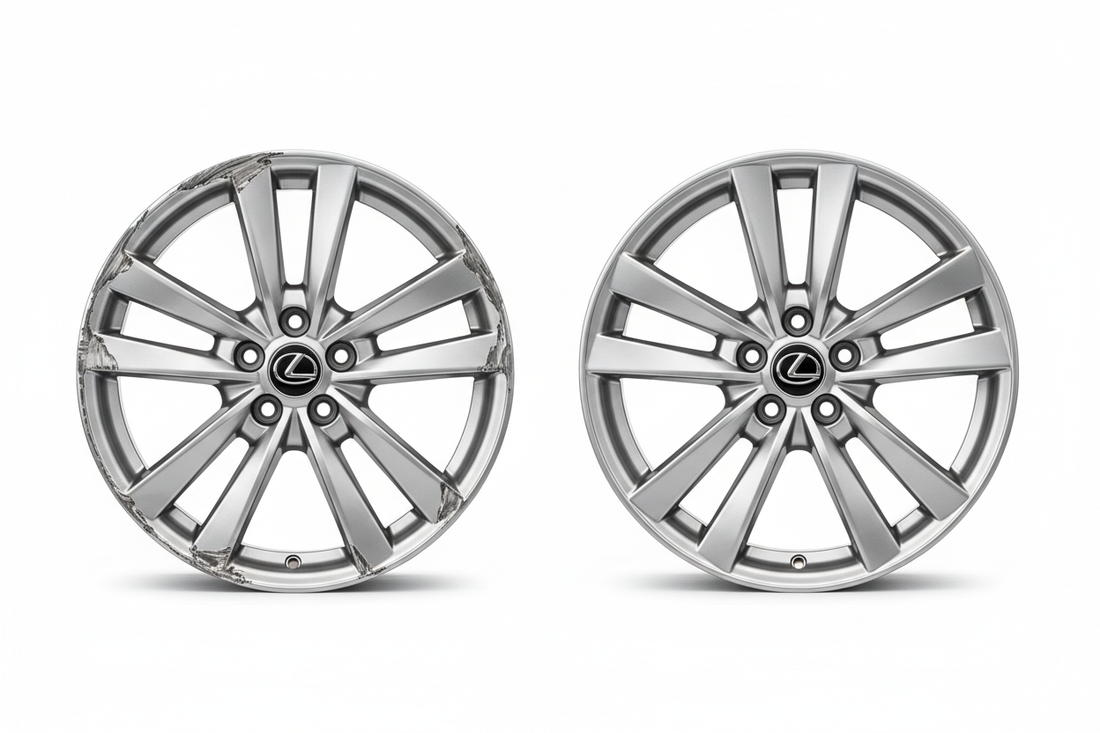 Damaged wheel being evaluated for repair, refinishing, or wheel exchange.