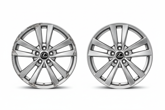 Damaged wheel being evaluated for repair, refinishing, or wheel exchange.
