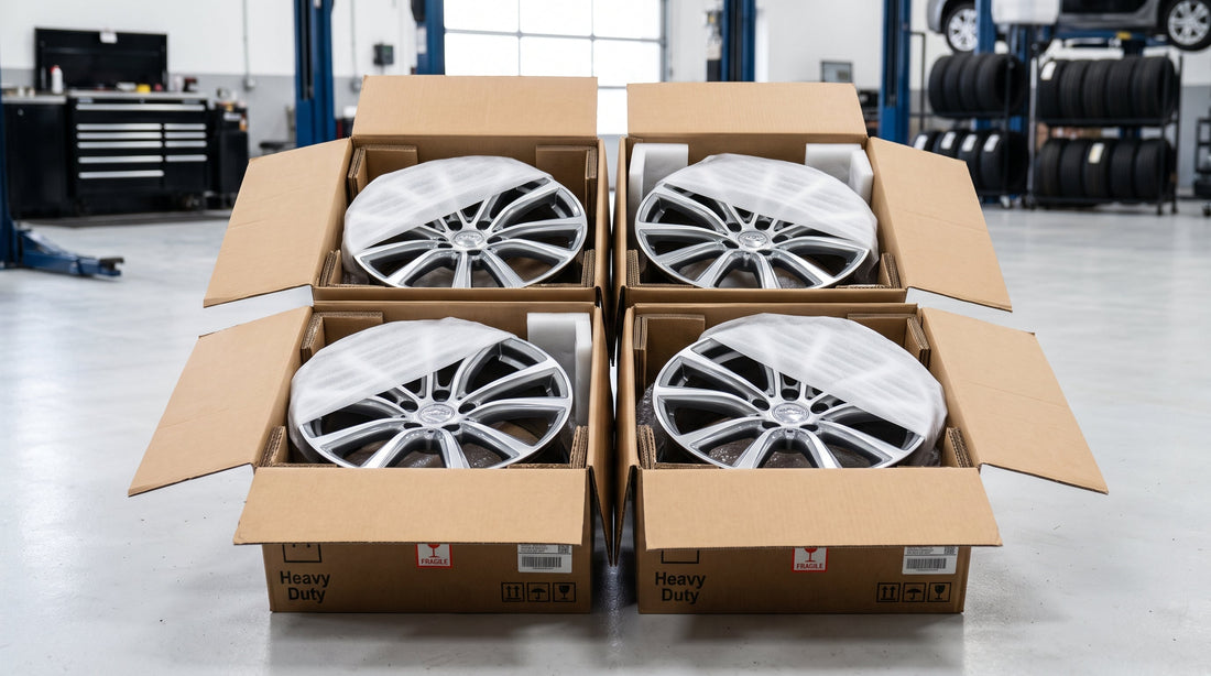 Four packaged OEM factory exchange wheels in reinforced shipping boxes ready for return core shipment.