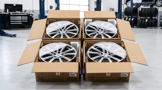 Four packaged OEM factory exchange wheels in reinforced shipping boxes ready for return core shipment.