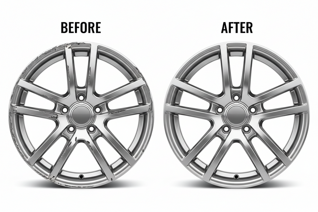 Damaged OEM wheel being evaluated for repair, replacement, or wheel exchange.