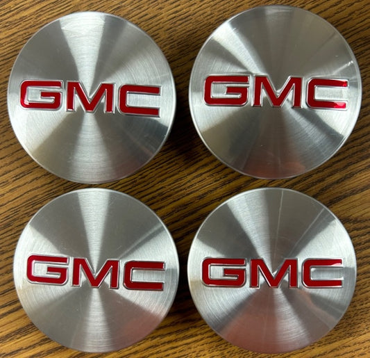 3 1/4" GMC Sierra 1500, Yukon Center Cap Brushed w/Red "GMC" #22837060 set